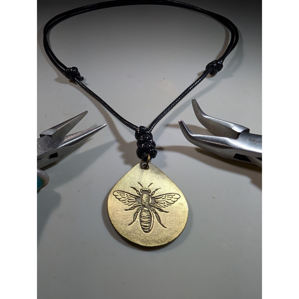 Handmade Brass Honey Bee Teardrop Pendant Necklace Adjustable Black Cord Cord